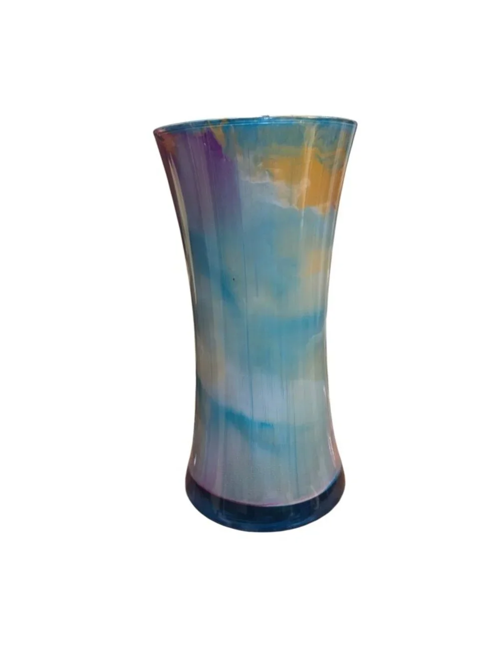Acrylic Pour Home Décor Cylinder Vase in Teal Blue and Metallic Gold, SZ 8 Inch